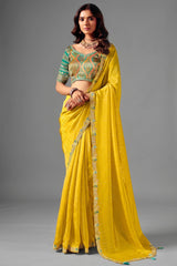Vibrant Yellow Smooth Zari Silk Saree with Embroidered Border