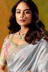 Ice Silver Grey Striped Smooth Zari Silk Saree with Embroidered Border