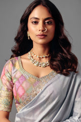 Ice Silver Grey Striped Smooth Zari Silk Saree with Embroidered Border