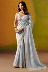 Ice Silver Grey Striped Smooth Zari Silk Saree with Embroidered Border