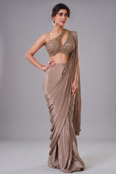 Brown Crepe Silk Pre-Draped Saree Featuring Heavily One-Shoulder Cutout Blouse
