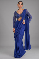 Indigo Blue Crepe Silk Pre-Draped Saree featuring Heavily Hand-Embellished V-Neck Full Sleeve Blouse