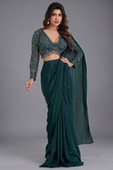 Bottle Green Crepe Silk Pre-Draped Saree featuring Heavily V-Neck Sequin Cutdana Choli with Hanging Beads Fringe