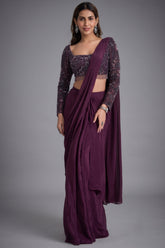 Plum Wine Crepe Silk Pre-Draped Saree Featuring Embellished Full-Sleeve Blouse