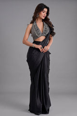 Midnight Black Satin Silk Pre-Draped Saree featuring Heavily Hand-Embellished Halter Neck Metallic Choli