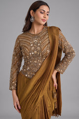 Ochre Gold Shimmer Organza Pre-Draped Saree featuring Corset