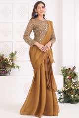 Ochre Gold Shimmer Organza Pre-Draped Saree featuring Corset