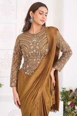 Ochre Gold Shimmer Organza Pre-Draped Saree featuring Corset