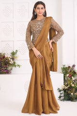 Ochre Gold Shimmer Organza Pre-Draped Saree featuring Corset