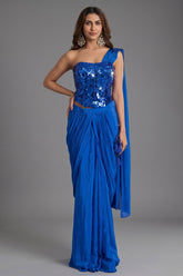 Cobalt Blue Crepe Satin Pre-Draped Saree with Asymmetric Mirror-Foil Applique Corset Blouse