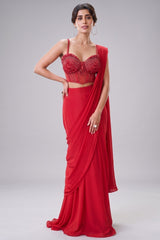 Crimson Red Crepe Silk Pre-Draped Saree with Structural Sweetheart Corset Blouse