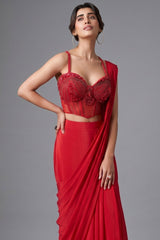 Crimson Red Crepe Silk Pre-Draped Saree with Structural Sweetheart Corset Blouse