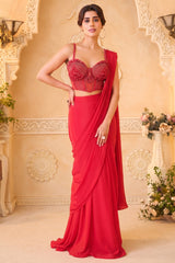 Crimson Red Crepe Silk Pre-Draped Saree with Structural Sweetheart Corset Blouse