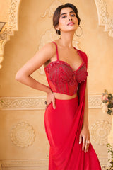Crimson Red Crepe Silk Pre-Draped Saree with Structural Sweetheart Corset Blouse