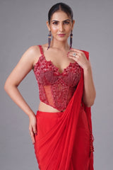 Rose Red Pre-Draped Saree Set featuring Basqued Corset Blouse in Sequin Cutdana Work