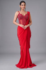Rose Red Pre-Draped Saree Set featuring Basqued Corset Blouse in Sequin Cutdana Work