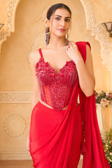 Rose Red Pre-Draped Saree Set featuring Basqued Corset Blouse in Sequin Cutdana Work