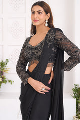 Black Crepe Silk Pre-Draped Saree with Full-Sleeve Scalloped Crystal Blouse