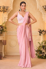 Pink Crepe Satin Silk Pre Draped Saree with Beaded Corset