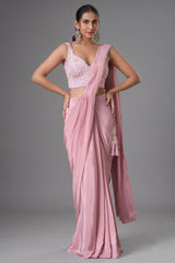 Pink Crepe Satin Silk Pre Draped Saree with Beaded Corset