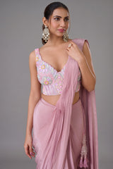 Pink Crepe Satin Silk Pre Draped Saree with Beaded Corset