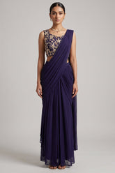 Midnight Blue Georgette Draped Saree with Zari Embroidered Blouse