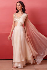 Off White Organza Tiered Draped Saree with Sequin Blouse