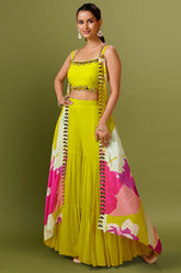 Lime Yellow Crepe Silk Metalic Work Fancy Crop Top Sharara Set with Jacket