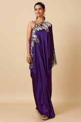 Violet Crepe Silk Embroidered Detailling Chevron Asymmetrical Silhouette Indo Western Set
