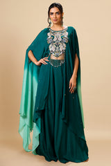 Bottel Green Ombre Crepe Silk Embroidered Detailling Cape Style Crop Top Palazzo Set