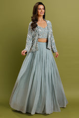 Sage Green Georgette Embellished Crop Top Lehenga with Blazer Jacket