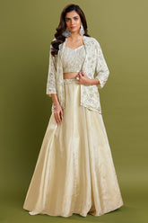 Cream Tissue Sequin Cutdana Crop Top Lehenga with Jacket