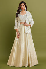 Cream Tissue Sequin Cutdana Crop Top Lehenga with Jacket