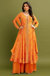 Orange Chiffon Georgette Leheriya Print Slit Cut Palazzo Suit