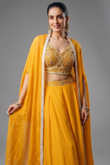 Yellow Net Sequin Cutdana Worked Crop Top Palazzo with Jacket
