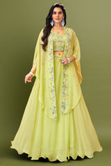 Pastel Yellow Sequin Cutdana Work Crop Top Lehenga with Jacket