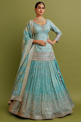 Pale Turquoise Blue Tissue Zari Embroidered and Sequin Work Lehenga Suit