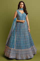 Carolina Blue Chinon Georgette Designer Sequin Embroidered and Mirror Worked Anarkali Suit