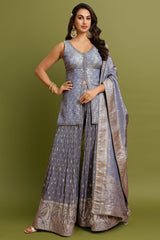 Blue Grey Tissue Zari Woven Butti and Mirror Worked Palazzo Suit