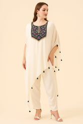 Off White Crepe Silk Asymmetric Sequin Embellishment U Neck Co-Ord Set