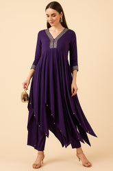 Violet Purple Sequin Worked Asymmetric V Neck Co-Ord Set