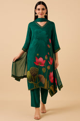 Green Crepe Silk Straight Cut Floral Printed Suit