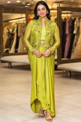 Olive Green Raw Silk Designer Heavy Worked Crop Top Jacket with Pleated Dhoti Skirt
