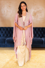 Ivory Beige Crepe Designer Heavy Worked Crop Top Jacket with Dhoti Skirt