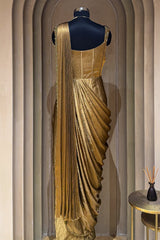 Golden Satin Embroidered Draped Saree Dress