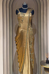 Golden Satin Embroidered Draped Saree Dress