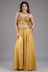 Yellow Crepe Silk Sequin Beaded Corset with Palazzo and Dupatta