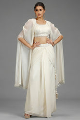 Pearl White Georgette Embellished Crop Top with Draped Skirt with Jacket