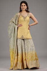 Yellow Jacquard Silk Palazzo Set with Beads and Mirror Work