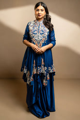 Blue Organza Handworked Bodice Asymmetrical Skirt Set